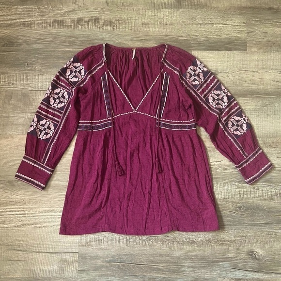 Free People All My Life Dress Small Boho Embroidered Tassel Beachy Maroon - Picture 6 of 10